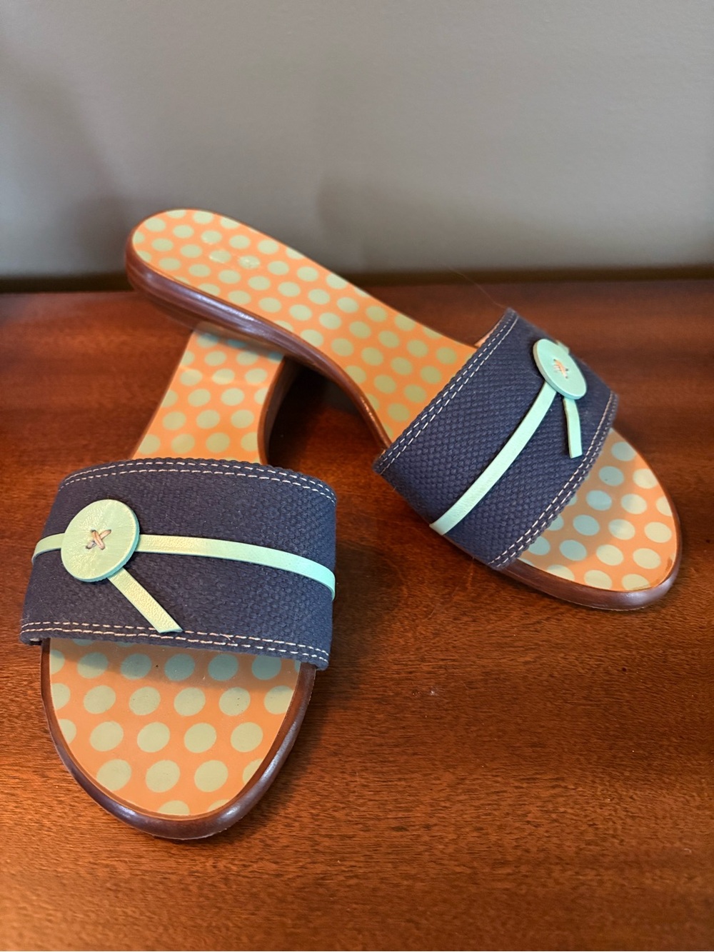 Kate Spade Size 9 Navy Toby Slide Sandals with Mint Accents